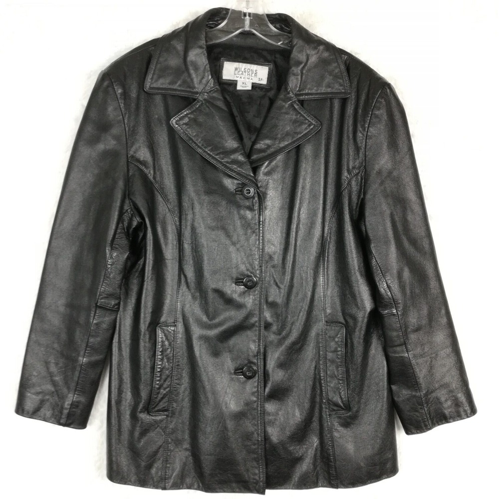 Vtg Wilsons Womens Leather Jacket Black Single Breasted Three Button Coat XL